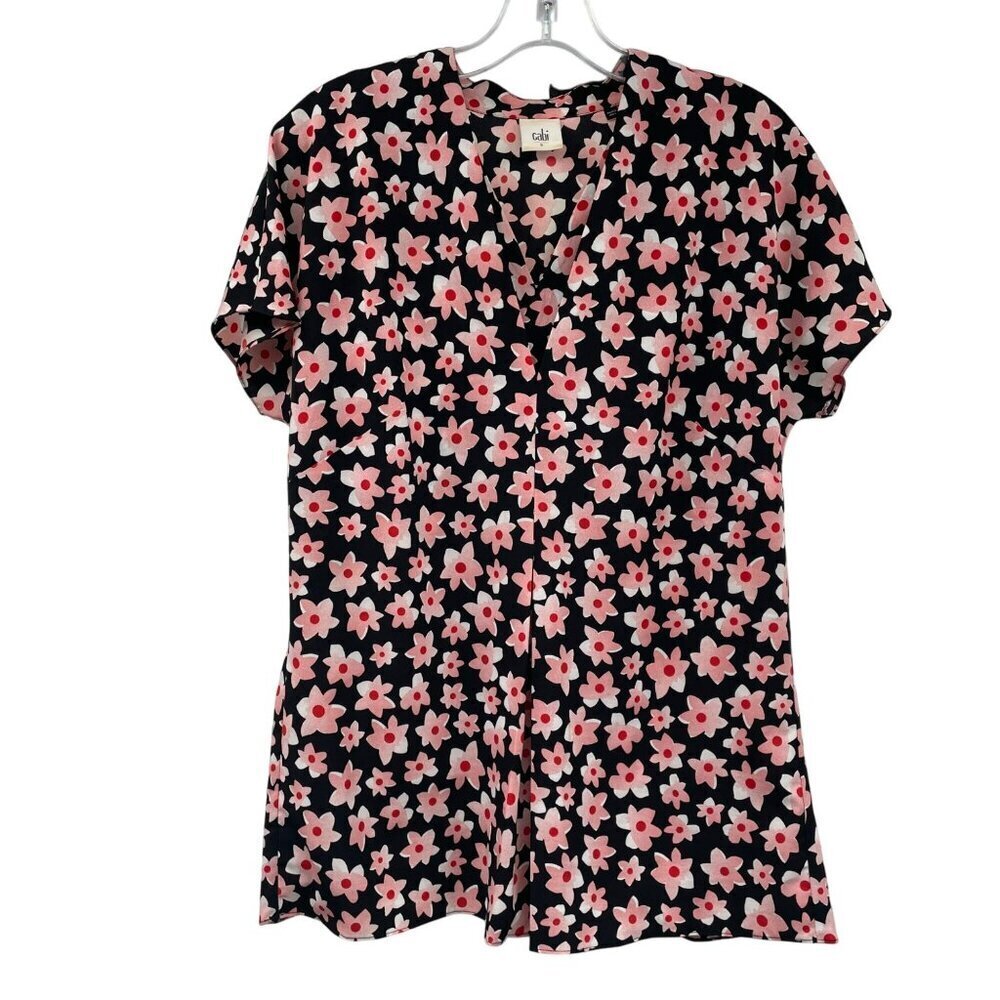 Cabi Womens Floral Top V-Neck Short Sleeve Black/Multi Size Small